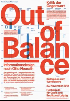 a poster with the words out of balance in red and blue, on a white background