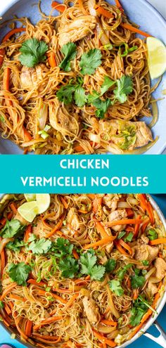 chicken vermicelli noodles in a skillet with cilantro and lime