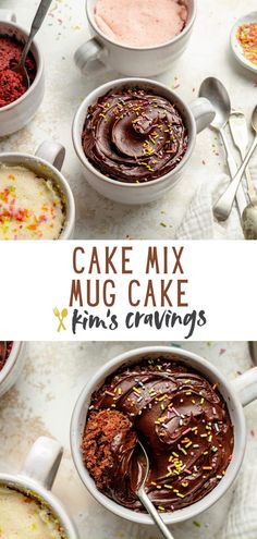 cake mix mug cake with chocolate frosting and sprinkles in white bowls