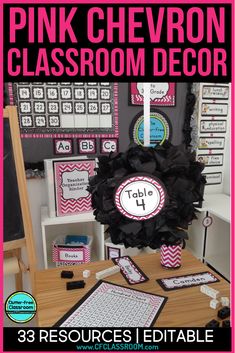 the pink chevron classroom decor is displayed in front of a black and white background