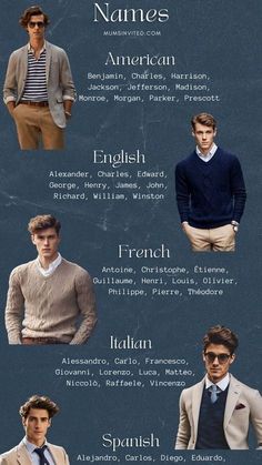 men's fashion names in different styles and colors