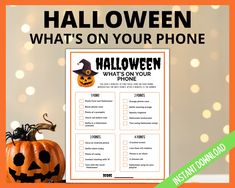 a halloween phone checklist with pumpkins on it and the text, what's on your phone?