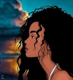 a digital painting of a woman with long hair looking out at the ocean on a cloudy day