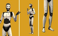 three different views of a robot standing in front of an orange background and pointing at something