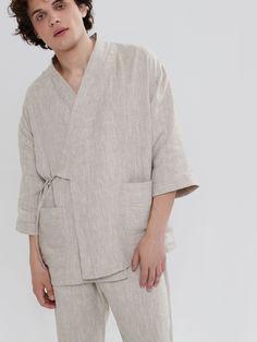 The kimono made of 100% natural linen, Oeko-Tex certified, free of harmful chemicals. It keeps the temperature of the body + -4 degrees, these clothes are not hot in summer and not cold in winter. Linen allows the skin to breathe, is an anti-allergenic and is not electrified. This is a wear-resistant material and could be washed a lot of times. Straight-line-cut A tie-up around the waist 3/4 sleeves 3 stitched lapels Length: 70cm/ 27.5 inch Color in picture: eco Custom sizes are available.  Care Relaxed Linen Sleepwear For Relaxation, Relaxed Fit Linen Sleepwear, Traditional Japanese Sleepwear, Relaxed Fit Linen Sleep Robe, Kimono Sleepwear & Loungewear, Linen Kimono, Mens Linen, Style Japonais, Japanese Kimono