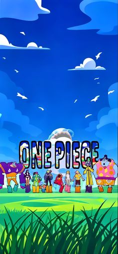 the cartoon characters are standing in front of one piece's sign that says,