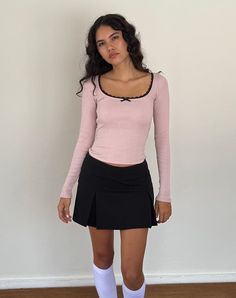 Bovita Long Sleeve Ribbed Top in Pink Lady with Black Lace Grunge Tee, Slim Fit Crop Top, Y2k Fairy, Black Y2k, Lace Tshirt, Vintage Crop Tops, Bow Decor, Streetwear Tops, Pink Lady