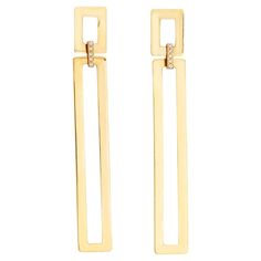 Elegant pair of vintage elongated square drop earrings crafted in 14k yellow gold (circa 1990s). The long and sexy elongated square drops measure 2 3/4 inches in length and make a great statement on the earlobe. The lightweight earrings weigh 4.2 grams for a comfortable fit. The earrings are great for day or evening wear & are fitted with post & butterfly backings. The earrings are in very good condition and were lightly cleaned and polished. Particulars: Weight: 4.2 grams Stones: N/A. Size & Measurements: The earrings measure 2.75 x 0.39 inches. Metal & Hallmark: 14 karat yellow gold. The earrings are hallmarked "14k" Timeless Rectangular Earrings For Formal Occasions, Timeless Rectangular Formal Earrings, Luxury 14k Gold Rectangular Earrings, Elegant Rectangular Linear Earrings As Gift, Elegant Rectangular Linear Earrings For Gift, Luxury Square Earrings For Formal Occasions, Contemporary Formal Jewelry With Rectangular Shape, 14k Gold Linear Earrings For Evening, Elegant Rectangular Yellow Gold Earrings