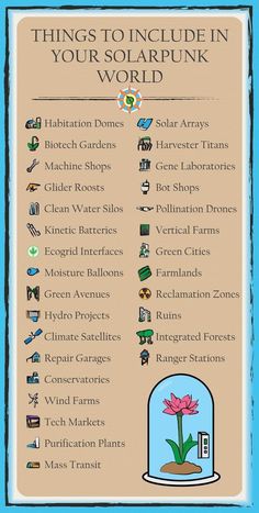 a poster with the words things to include in your solarpunk world on it