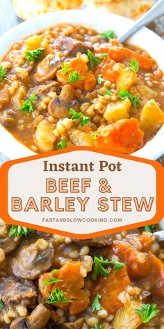 instant pot beef and barley stew in a white bowl