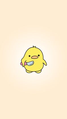 a yellow bird with a toothbrush in its mouth