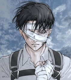 an anime character with bandages on his face and neck, looking at the camera while standing in front of a cloudy blue sky