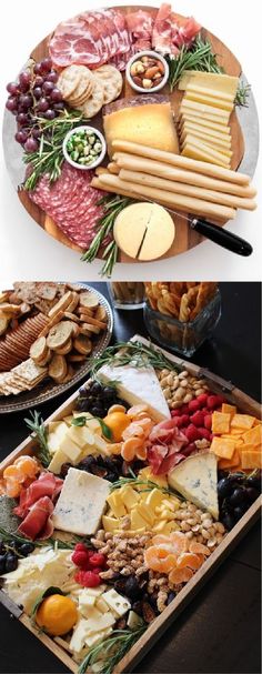 a platter filled with different types of cheeses and meats on top of each other