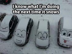 three cars covered in snow with faces drawn on the hoods and sides, all lined up next to each other