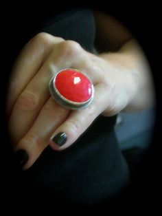 "the \"poppy ring\" is made with a faceted vintage cabochon in a sassy hot red hue. this is my all time favorite ring. it is definitely my go to ring and wear it everyday. get one for yourself.  this ring is all hand fabricated, soldered, sanded, hammered, manipulated, and oxidized out of sterling silver raw materials... by me in my studio in austin, tx. all stones are vintage glass cabochons and may have subtle imperfections such as hairline crazing, pocks, etc. This adds to the character and f Poppy Ring, Red Neon, Band Art, Minimalist Women, Red Poppy, Style Winter, Favorite Rings, Red Poppies, Art Jewelry