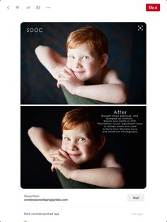 two photos of a young boy with red hair and green eyes, one has his hands on his chest