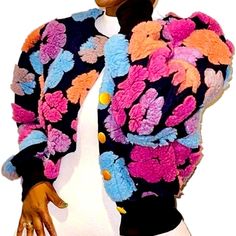 You Will Love This Jacket! Such An Eye Catcher. Can Be Dressed Up Or Down. From Pet/Smoke Free Home Winter Floral Print Pink Outerwear, Winter Pink Outerwear With Floral Print, Winter Pink Floral Print Outerwear, Pink Floral Print Outerwear For Fall, Chic Pink Floral Print Outerwear, Chic Multicolor Long Sleeve Outerwear, Black Long Sleeve Outerwear With Floral Print, Black Floral Print Long Sleeve Outerwear, Green Denim Jacket