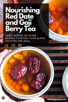 two bowls filled with red and white berries next to each other on top of a wooden table