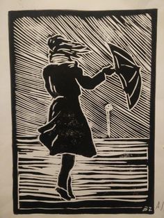 a black and white drawing of a woman holding an umbrella