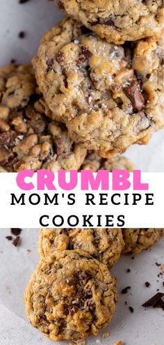 three cookies stacked on top of each other with the words crumbl mom's recipe