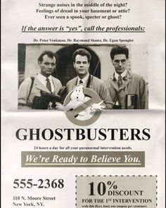 an advertisement for ghostbusters with two men in suits and ties standing next to each other