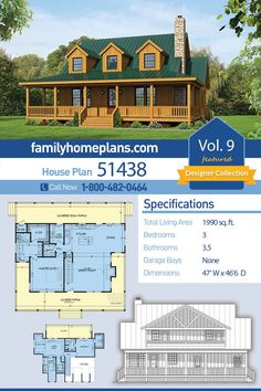 Total Living Area:1990 sq ftMain Living Area:1200 sq ftUpper Living Area:790 sq ftGarage Type:N/A or Unknown  Foundation Types:Crawlspace Exterior Walls:2x4 House Width:47'0House Depth:46'6Number of Stories:2Bedrooms:3Full Baths:3 Half Baths:1 Max Ridge Height:26'10 from Front Door Floor Level Primary Roof Pitch:0  Roof Framing:Stick Porch:960 sq ftFirePlace:Yes1st Floor Master:YesMain Ceiling Height:9'0Upper Ceiling Height:8'0 Special Features: Front PorchWrap Around Porch