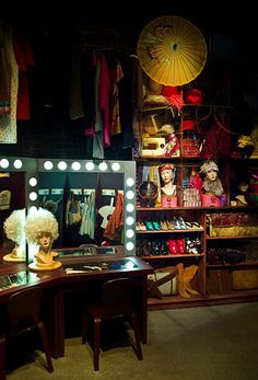 a dressing room filled with mannequins and lights