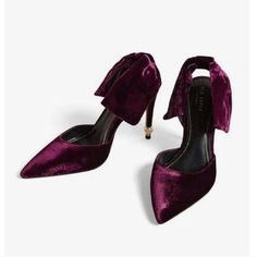 Color: Oxblood Velvet Outer With Faux Pearl Heel. Bow Ankle Detail. New With Bottom Sticker: No Box. Velvet Block Heels, London Red, Wedding Guest Hairstyles, London Shoes, Bow Heels, Velvet Bow, Ted Baker London, Red Gold, Ted Baker