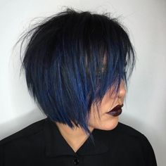 Green Hairstyles, Short Bob With Bangs, Bobs With Bangs, Blue Black Hair Color, Short Hair Blue, Bob Haircuts With Bangs, Colorful Hairstyles, Blue Black Hair