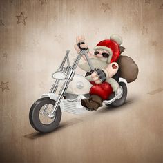 santa claus is riding a motorcycle and waving