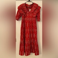 Nwt Xs Red Embroidered Maxi Length Dress, Fitted Red Embroidered Maxi Dress, Traditional Red Maxi Dress With Short Sleeves, Festive V-neck Cotton Dress, Bohemian Festive Dress With Ruffles, Red Embroidered Fitted Maxi Dress, Red Long Sleeve Cotton Midi Dress, Festive Red Midi Dress With Long Sleeves, Casual Red Fitted Embroidered Dress