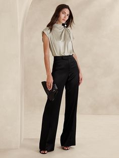 Bahari Satin Top | Banana Republic Oyster Pearl, Top Banana, Satin Blouse, Satin Top, Tailored Shirts, Classic Outfits, Autumn Inspiration, Elegant Outfit, Hip Length