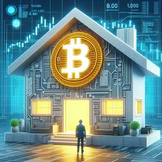 a man standing in front of a house with a bitcoin on it