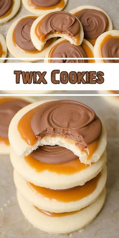 several cookies with peanut butter on them and the words, totally scrumptious twix cookies