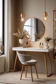 a vanity with a mirror, stool and vase on it in front of a window