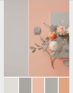 the color scheme is peach, grey and white with some flowers on top of it