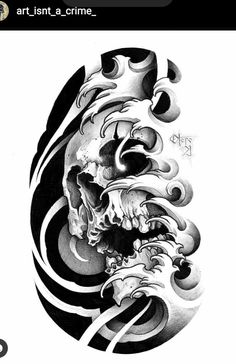 a black and white drawing of a skull with swirls on it's face