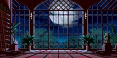 a room with large windows and plants in the center, on which is a full moon