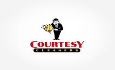 the logo for courtesy cleaners has a man with a banana in his hand