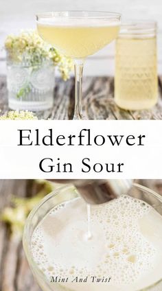 the elderflower gin sour cocktail is served in a coupe glass and garnished with flowers