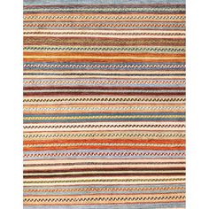 a multicolored rug with different stripes on the bottom, and an orange stripe in the middle