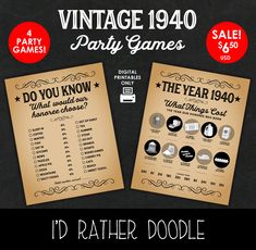 vintage 1940 party games for the year you were born to be - digital printable