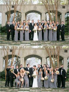 a group of people standing next to each other in front of trees and archways