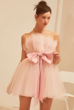 An absolute confection of a cocktail dress serves frothy rows of ruffles and pearls and finishes with a satin ribbon bow tie. • Strapless• Tulle• Pearl embellishments• Satin Ribbon Waist Band• Back Zipper• Lined Pink Bow Dress, Ribbon Bow Tie, Tulle Ribbon, Recruitment Outfits, Pink Stuff, Satin Ribbon Bow, Sorority Recruitment, Pink Chanel, Engagement Outfits