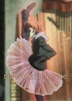 a girl in a pink tutu is standing with her arms behind her back and the words spookie - pie on it