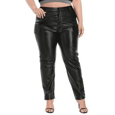 Plus size high waisted pleather trouser made of durable faux leather with soft interior lining, straight leg and zip fly with button closure. Plus size leather pants will be your go to fall staple! PU leather plus size pants feature functional front and rear pockets for keeping your essentials. The zipper fly and button enclosure ensures a secure fit while the belt loops can be used for styling. Plus size pleather pants offer a modern classic look that effortlessly elevates any outfit! High rise High-waisted Faux Leather Pants With Zipper Closure, High-waisted Faux Leather Pants With Zipper, Faux Leather High-waisted Pants With Zipper Closure, High Waist Leather Pants With Zipper Closure, Straight Leg Faux Leather Pants With Zipper Closure, Faux Leather Pants With Zipper Closure, Straight Leg Faux Leather Bottoms With Zipper Closure, High Waist Faux Leather Pants With Zipper, Styling Plus Size