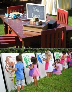 two pictures side by side with children painting on the wall and one has a chalkboard that says kids corner