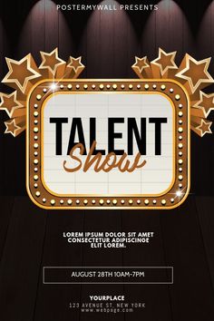 the talent show poster is displayed on a wooden wall with spotlights and stars around it