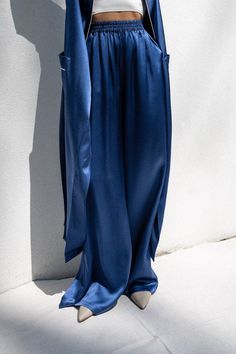 Women's Evan Silk Wide-Leg Pant Silk Wide Leg Pants For Evening, Chic Blue Silk Pants, Blue Silk Wide-leg Bottoms, Blue Silk Wide Leg Bottoms, Silk Wide-leg Pants For Evening, Silk Wide Leg Pants With Elastic Waistband, Wide Leg Silk Pants With Elastic Waistband, Formal Silk Wide Leg Pants With Elastic Waistband, Elegant Satin Pants For Loungewear