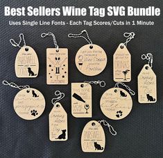 These wine tags are not only my personal best sellers - they are newly recreated using single line fonts for a SUPER quick cut! Set the red lines to SCORE and the black lines to CUT - each tag takes about 1 minute! 10 files in the bundle. Samples shown were done on MDF making them highly profitable. I sell them for $3 each / 5 for $10. They are a great scrap buster, too! **Be sure to view our entire shop for more original SVG files NOTE: Once files are purchased you are free to create and sell a Glowforge Projects, Wine Christmas Gifts, Cnc Plans, Wine Bottle Tags, Laser Projects, Scrap Busters, Wine Bags, Laser Ideas, Bottle Tags